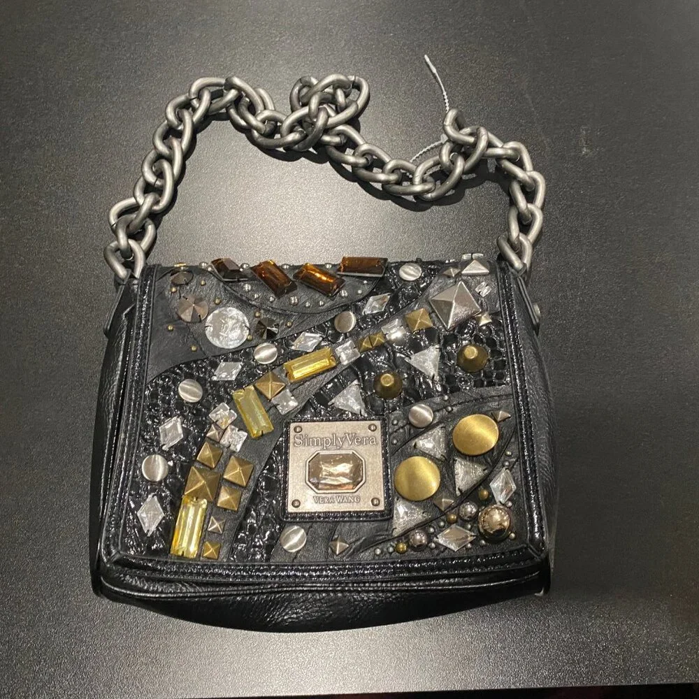 Vera Wang Studs Beads Chain Strap Steampunk Grunge Goth Moto Shoulder Bag Purse